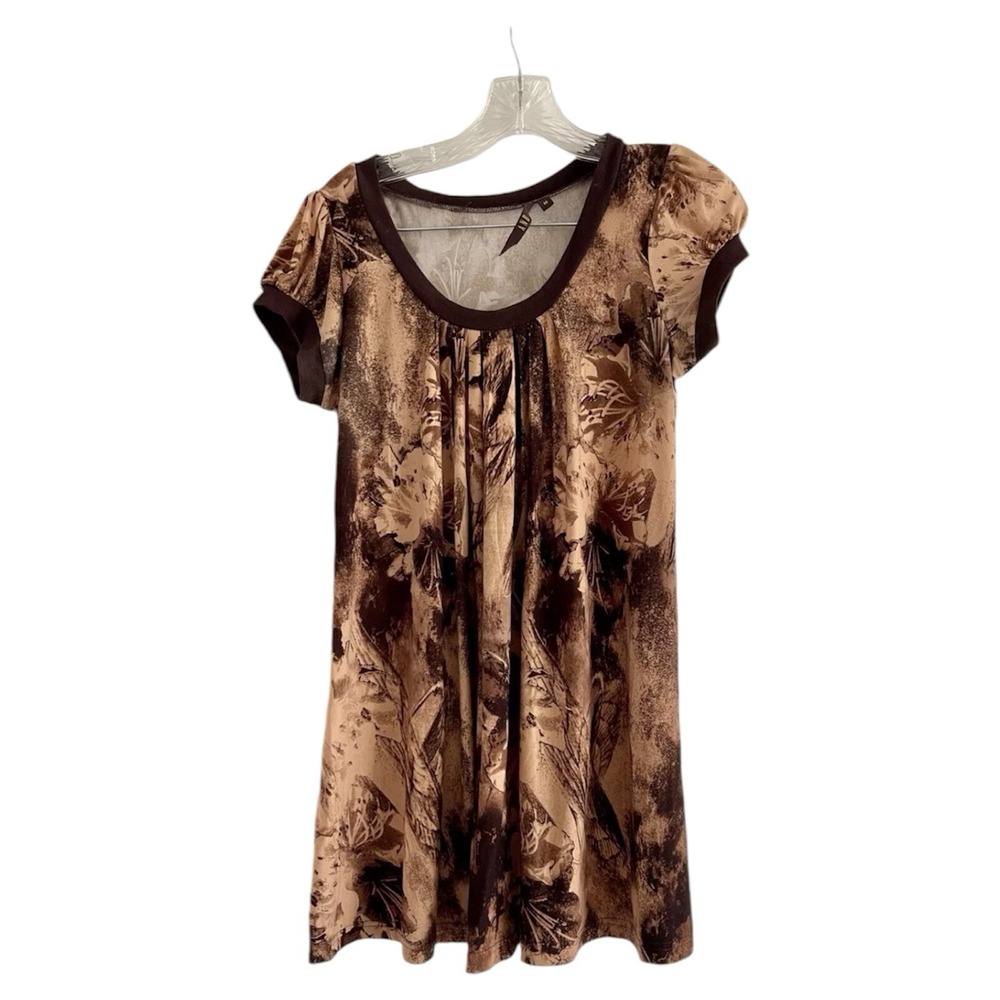 AND Women's Brown Floral Short Sleeve Cotton Stretch Scoop Pullover Shirt-MEDIUM
